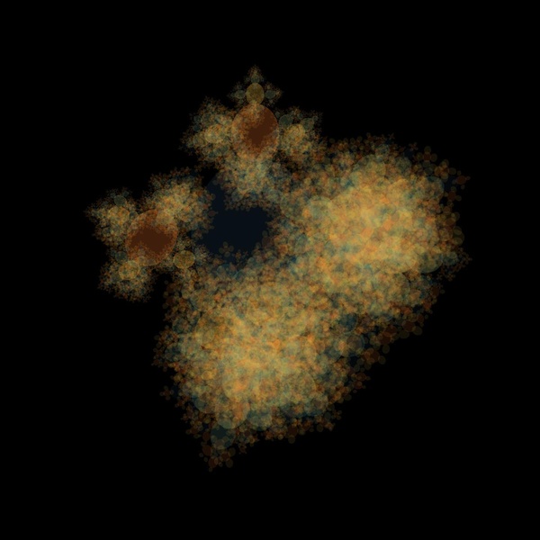 This is what happened when child ellipses where allowed to mutate up to 10% for their size and angle per generation, differently in each fractal family, but having same mutation level in each family. The result looks interesting to me and reminds something like a protozoa under the microscope.